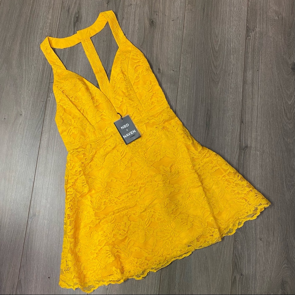 NBD X NAVEN | Macie Lace Dress Bright Mustard NEW - Picture 2 of 10
